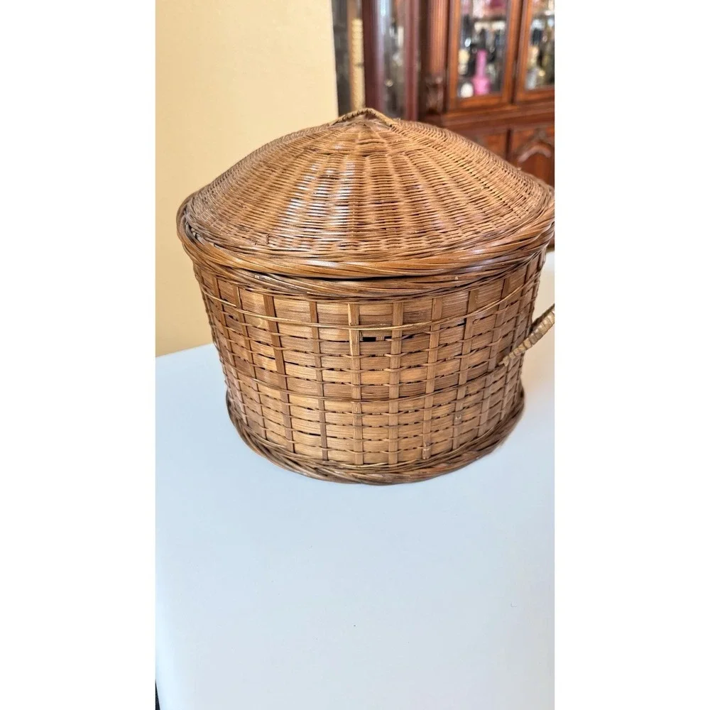Vintage Woven Wicker Basket With Lid Handles‎ Storage Picnic Farmhouse